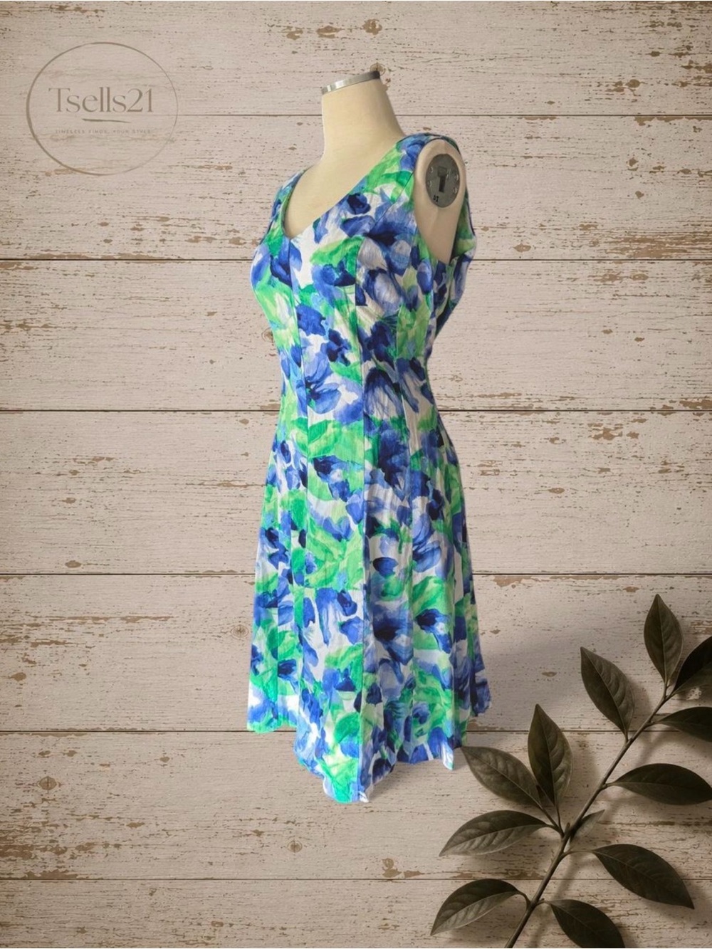 Chaps 98% Cotton Blue/Green Watercolor Floral Midi Dress - Picture 4 of 8